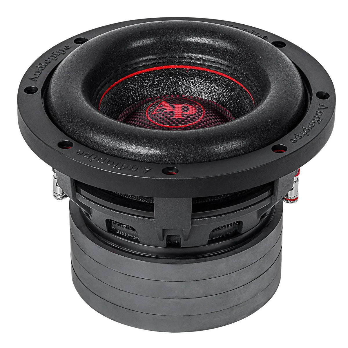 Side-angled view of an Audiopipe subwoofer with a deep black surround, basket vents and stacked magnet