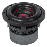 Side-angled view of an Audiopipe subwoofer with a deep black surround, basket vents and stacked magnet