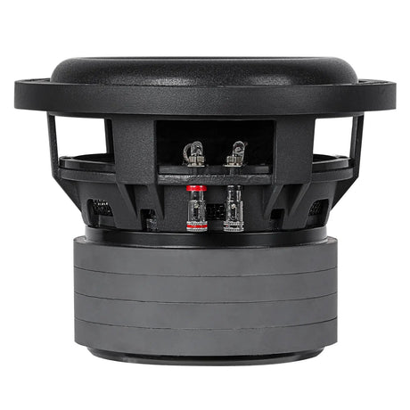 Side view of an upright Audiopipe subwoofer with red-and-black terminals and stacked magnet