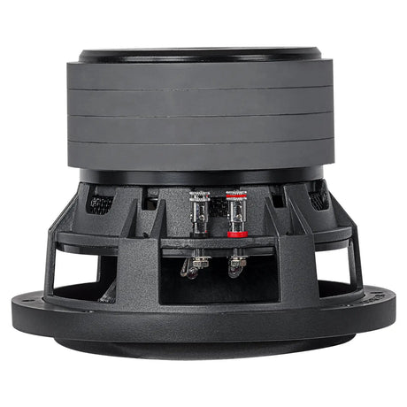 Side view of an Audiopipe subwoofer showing stacked magnet and red-and-black terminals