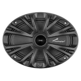 Front view of an oval Audiopipe speaker with a black spoke-pattern grille