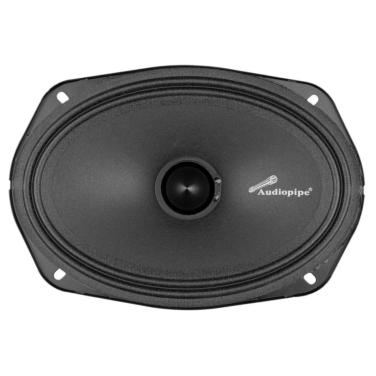 Front view of an oval black Audiopipe speaker with a bullet-shaped center