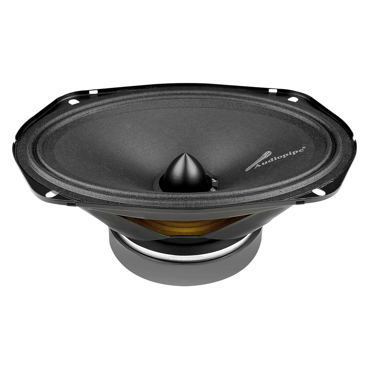 Angled view of an oval black Audiopipe speaker with a bullet-shaped center and silver magnet