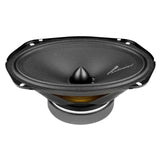 Angled view of an oval black Audiopipe speaker with a bullet-shaped center and silver magnet