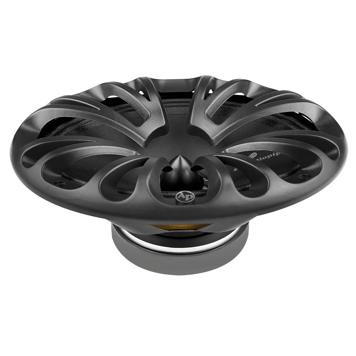 Audiopipe oval loudspeaker angled front view with sculpted grille and center bullet