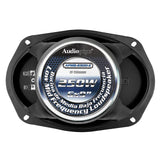 Rear view of an Audiopipe APMB-6900-E oval speaker with a 250W, 6x9-inch and 8-ohm label
