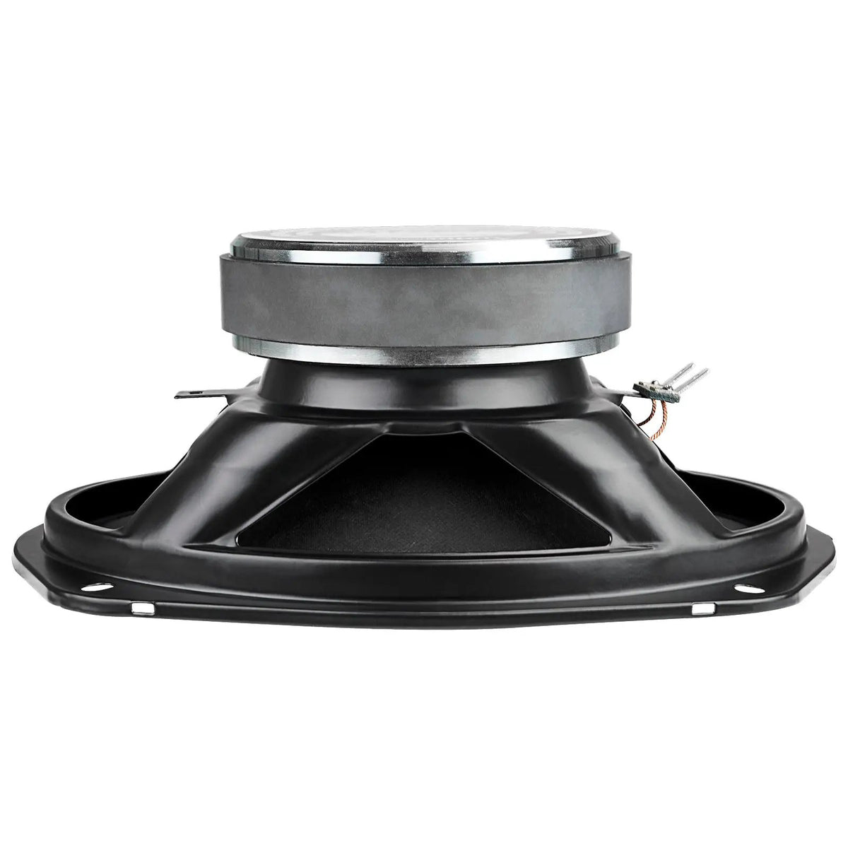 Side view of an inverted oval speaker showing its black basket and silver magnet