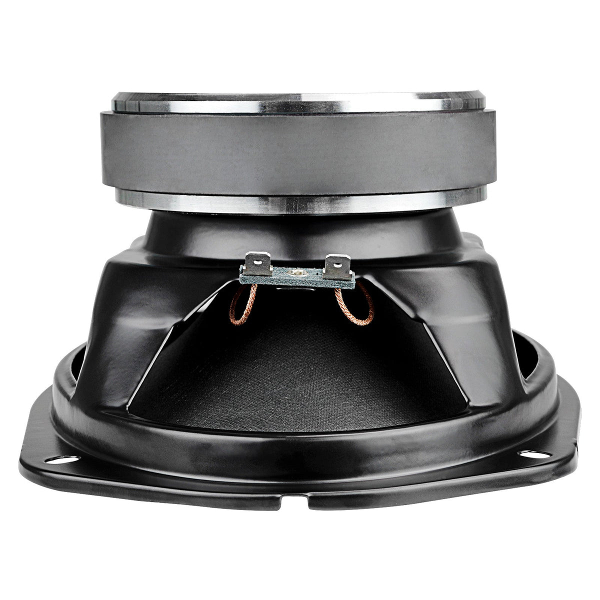 Rear side view of an oval speaker showing its silver magnet, spade terminals and copper-colored leads