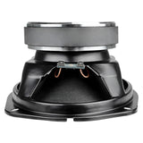Rear side view of an oval speaker showing its silver magnet, spade terminals and copper-colored leads