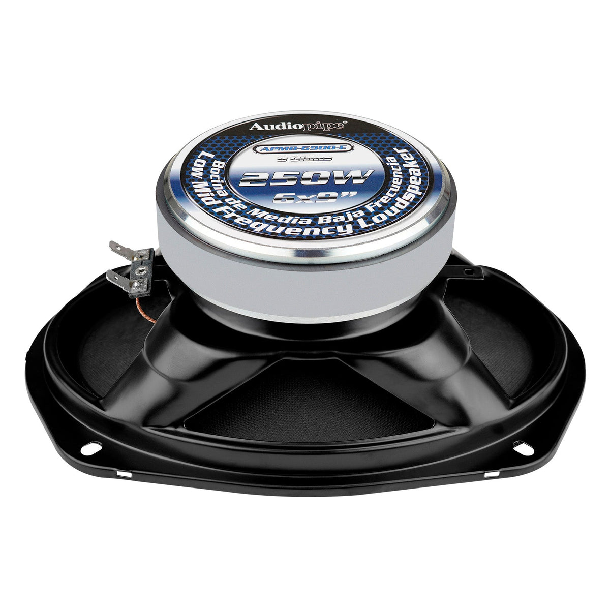 Rear of oval Audiopipe speaker showing its labeled magnet and black basket