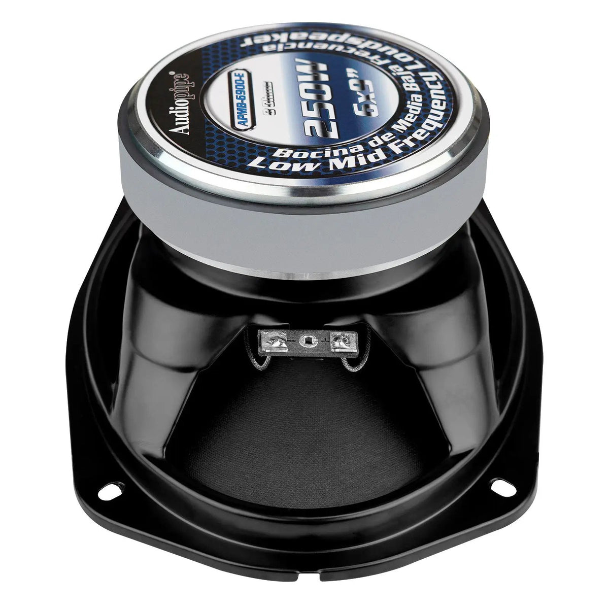 Angled rear view of oval Audiopipe speaker with magnet and connection terminals
