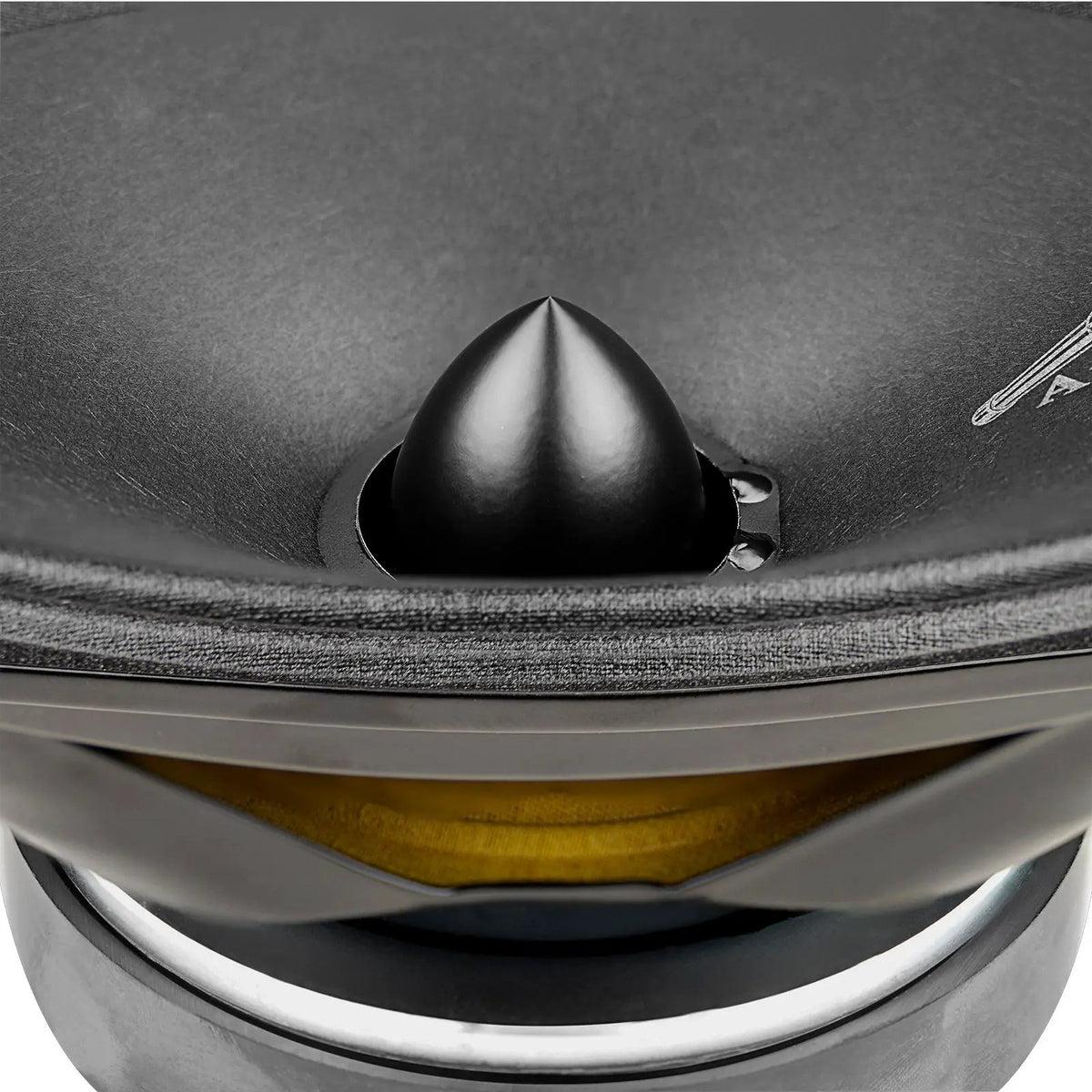 Close-up of an oval speaker's black bullet-shaped center, cone and gold-colored suspension