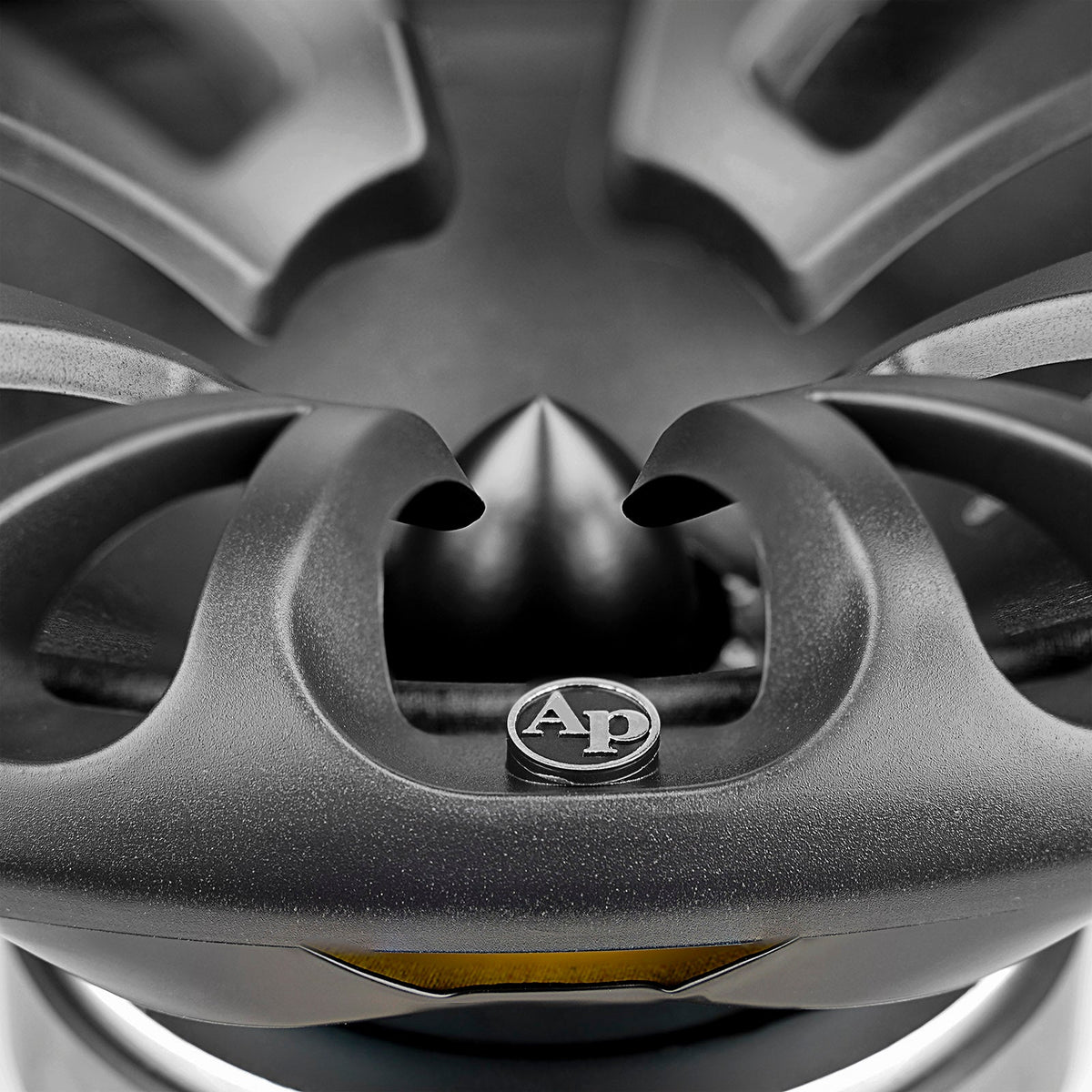 Close-up of an oval speaker's black spoke-pattern grille and bullet-shaped center