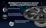 Audiopipe speaker feature graphic highlighting an ABS grille, aluminum bullet and ferrite magnet