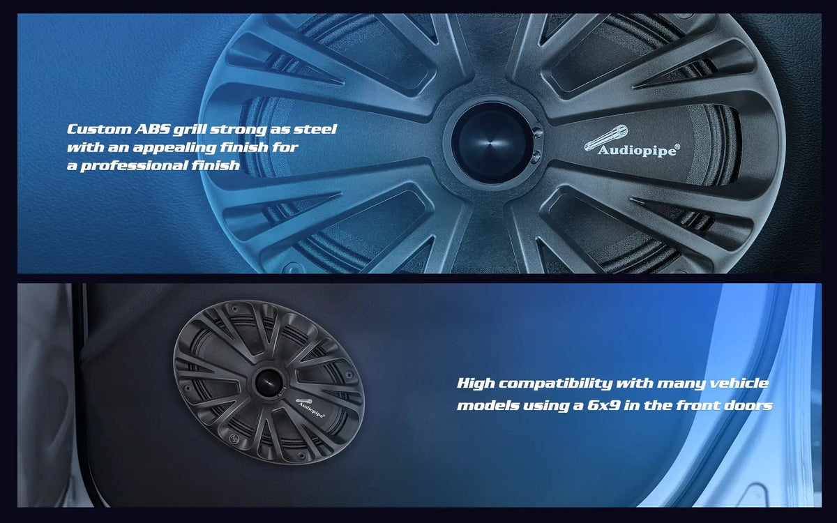 Speaker graphic advertising an ABS grille and compatibility with vehicles using 6x9-inch front-door speakers