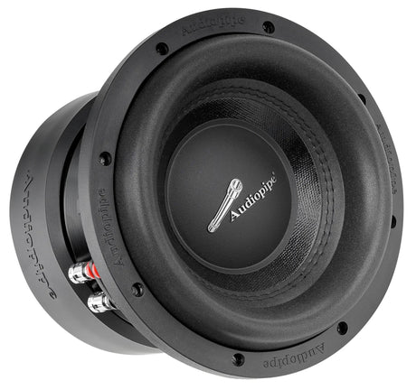 Black Audiopipe subwoofer, angled view showing the basket and terminals