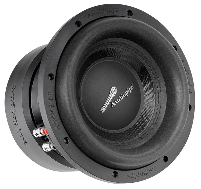 Black Audiopipe subwoofer, angled view showing the basket and terminals