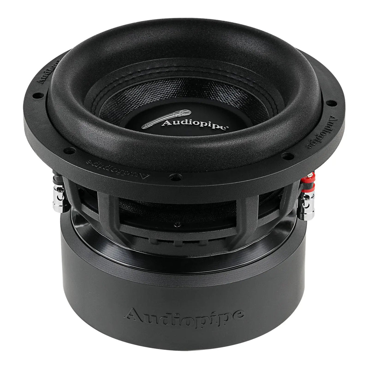 Angled front view of a black Audiopipe subwoofer with silver terminals beside the basket