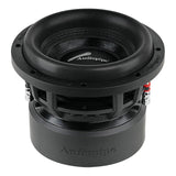 Angled front view of a black Audiopipe subwoofer with silver terminals beside the basket