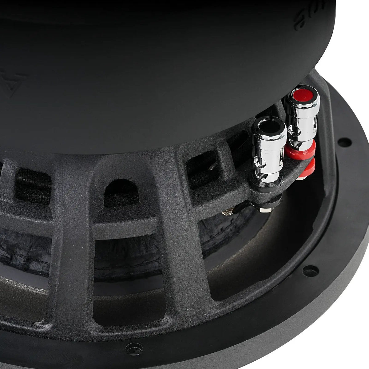 Close-up of red and black silver push terminals on a black subwoofer basket