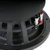 Close-up of red and black silver push terminals on a black subwoofer basket