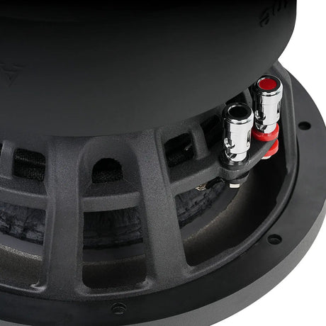 Close-up of red and black silver push terminals on a black subwoofer basket