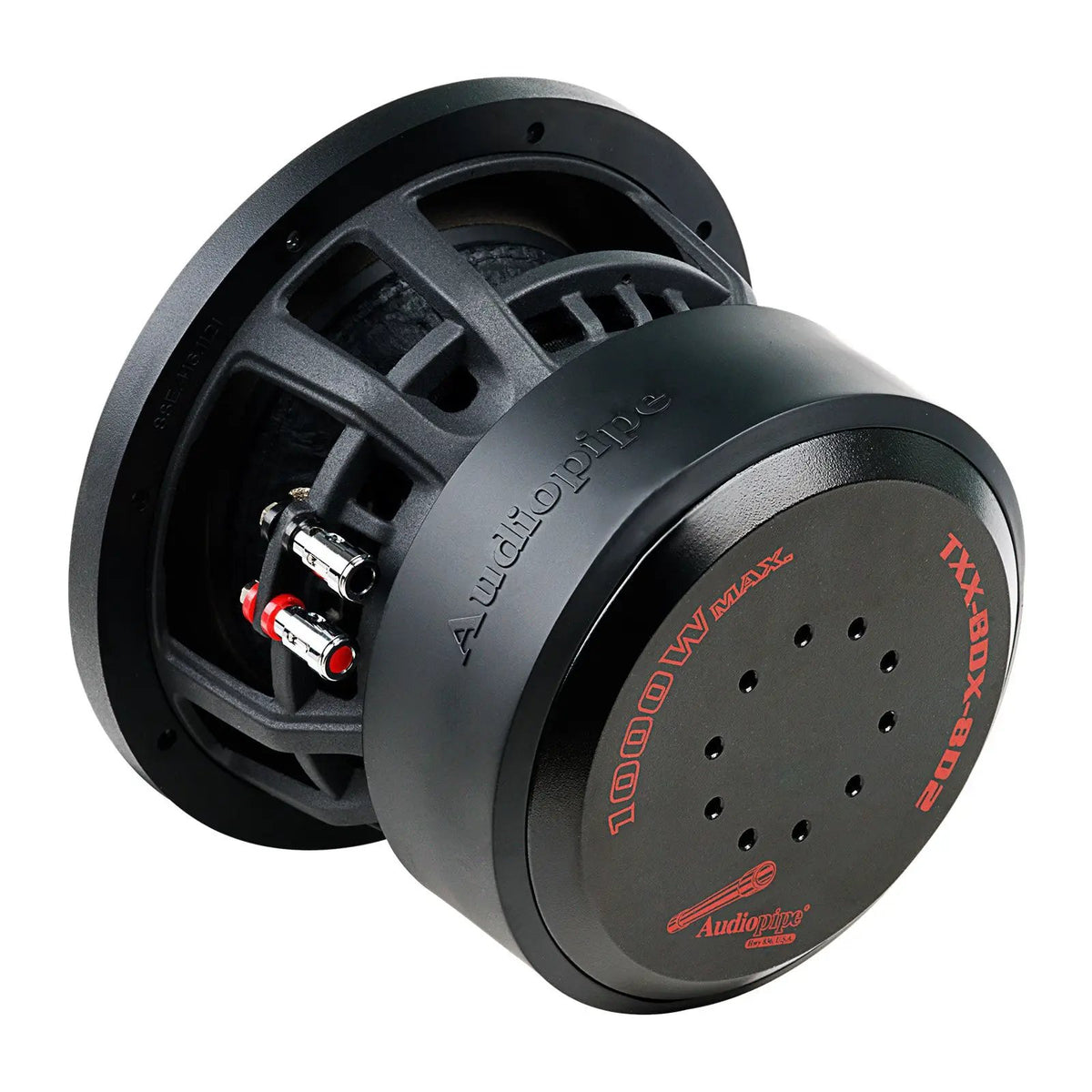 Rear angled view of an Audiopipe TXX-BDX-8D2 subwoofer with a black magnet cover and silver terminals