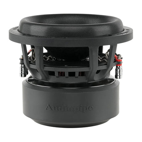 Audiopipe subwoofer, side view showing the basket, terminals and large motor housing