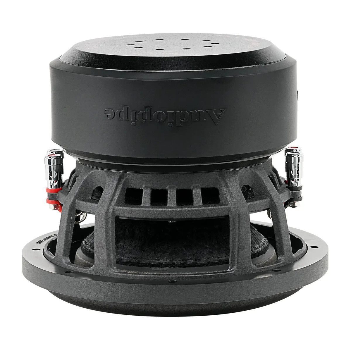 Inverted side view of a black subwoofer showing its magnet cover, open basket and silver terminals