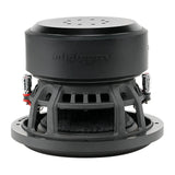 Inverted side view of a black subwoofer showing its magnet cover, open basket and silver terminals