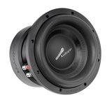 Angled view of a black Audiopipe subwoofer with silver push terminals beside the basket