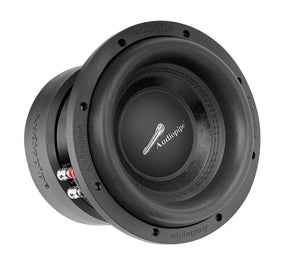 Angled view of a black Audiopipe subwoofer with silver push terminals beside the basket