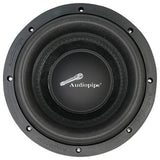Front view of a black Audiopipe subwoofer with a thick surround and white Audiopipe logo