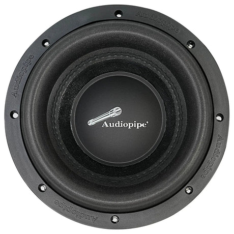Front view of a black Audiopipe subwoofer with a thick surround and white Audiopipe logo
