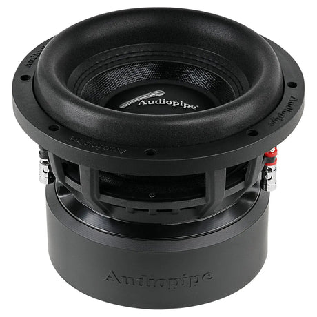 Black Audiopipe subwoofer, angled view showing the cone, basket and motor housing