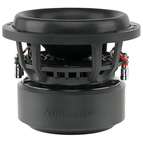 Audiopipe subwoofer, side view showing the basket, terminals and large motor housing