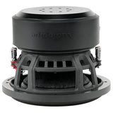 Inverted side view of a black subwoofer showing its magnet cover, open basket and silver terminals