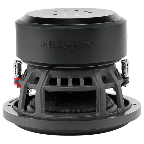 Inverted side view of a black subwoofer showing its magnet cover, open basket and silver terminals