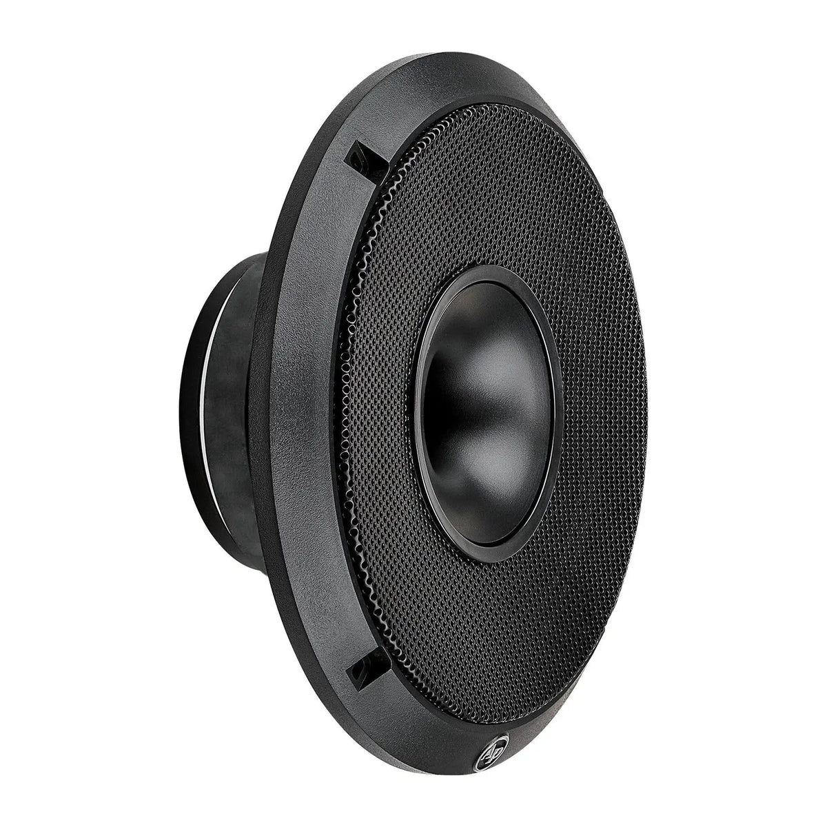 Angled black horn speaker with a perforated metal grille and central flared horn