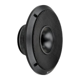 Angled black horn speaker with a perforated metal grille and central flared horn