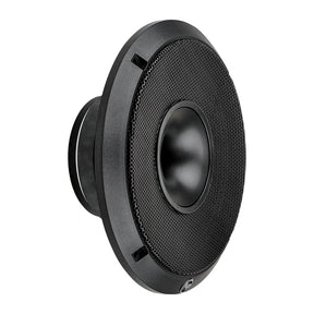 Angled black horn speaker with a perforated metal grille and central flared horn