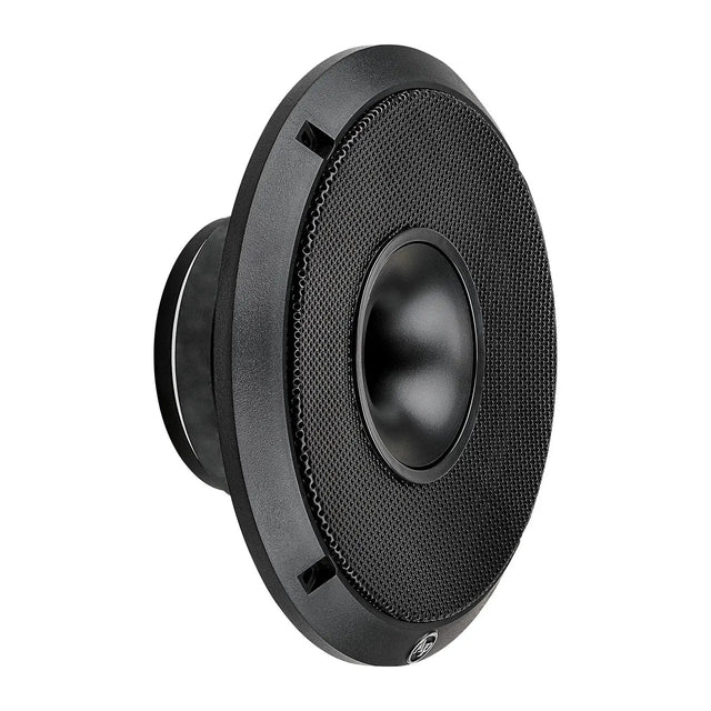Angled black horn speaker with a perforated metal grille and central flared horn