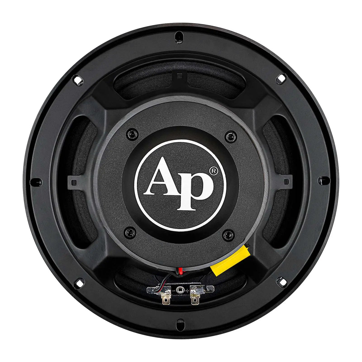 Rear of horn loudspeaker showing its black magnet cover, yellow capacitor and terminals