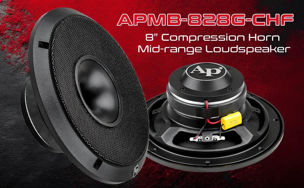 APMB-828G-CHF promotional graphic showing front and rear views of the horn loudspeaker
