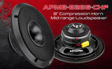 APMB-828G-CHF promotional graphic showing front and rear views of the horn loudspeaker