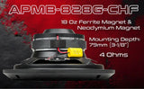 APMB-828G-CHF speaker graphic lists 18-ounce ferrite and neodymium magnets, 79 mm mounting depth and 4-ohm impedance