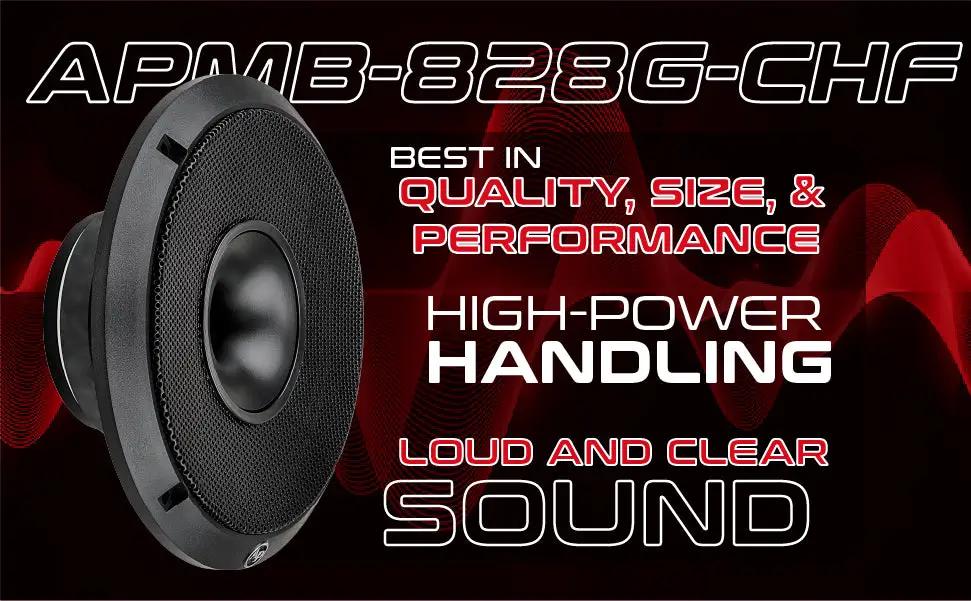 Audiopipe loudspeaker graphic promoting high power handling and loud, clear sound