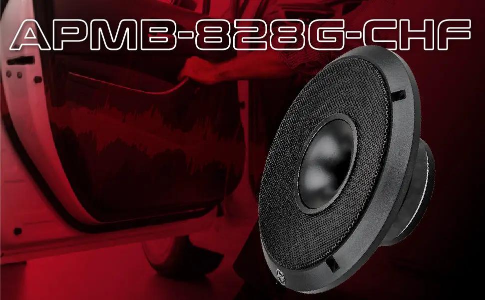 Audiopipe APMB-828G-CHF loudspeaker graphic with an angled speaker view over a car-door background