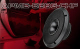 Audiopipe APMB-828G-CHF loudspeaker graphic with an angled speaker view over a car-door background