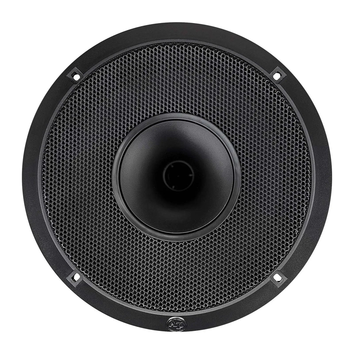 Front view of a black round speaker with a perforated grille and central horn